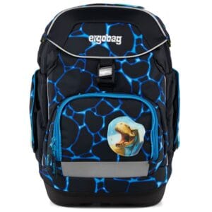 Ergobag school backpack with a blue webbed pattern, front zip pocket, and a dinosaur sticker on the front panel.