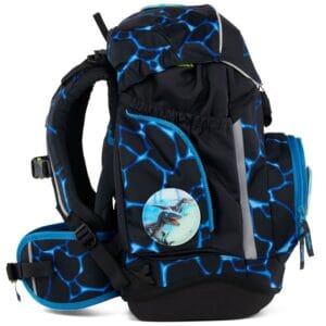 Navy backpack with blue lightning-like pattern, featuring side pockets and a circular dinosaur patch on the front.