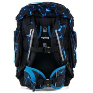 Backpack with blue and black wave pattern, padded shoulder straps, and a waist belt for support, viewed from the back.