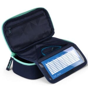 Navy zippered pencil case with turquoise trim, opened to show a clear ID card slot and inner pocket.