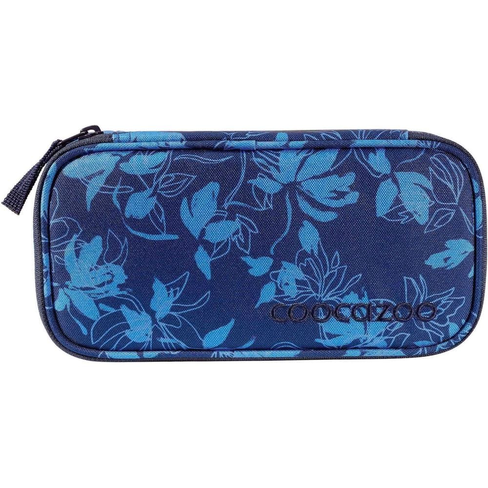 Blue floral-patterned zippered pouch or pencil case with a dark blue background and lighter blue leaves, logo bottom-right edge.