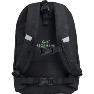 Black Beckmann backpack with padded shoulder straps, chest and waist buckles, and a green logo.