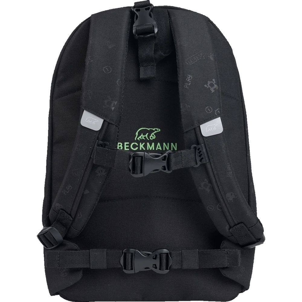 Black Beckmann backpack with padded shoulder straps, chest and waist buckles, and a green logo.