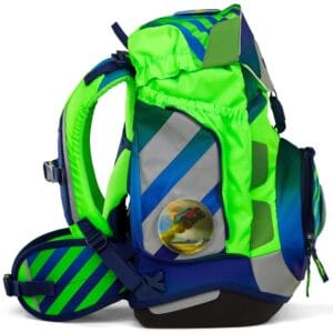 Bright neon-green and blue kids' backpack with reflective panels and a circular decal showing a red toy car on the front pocket, set against a white background.